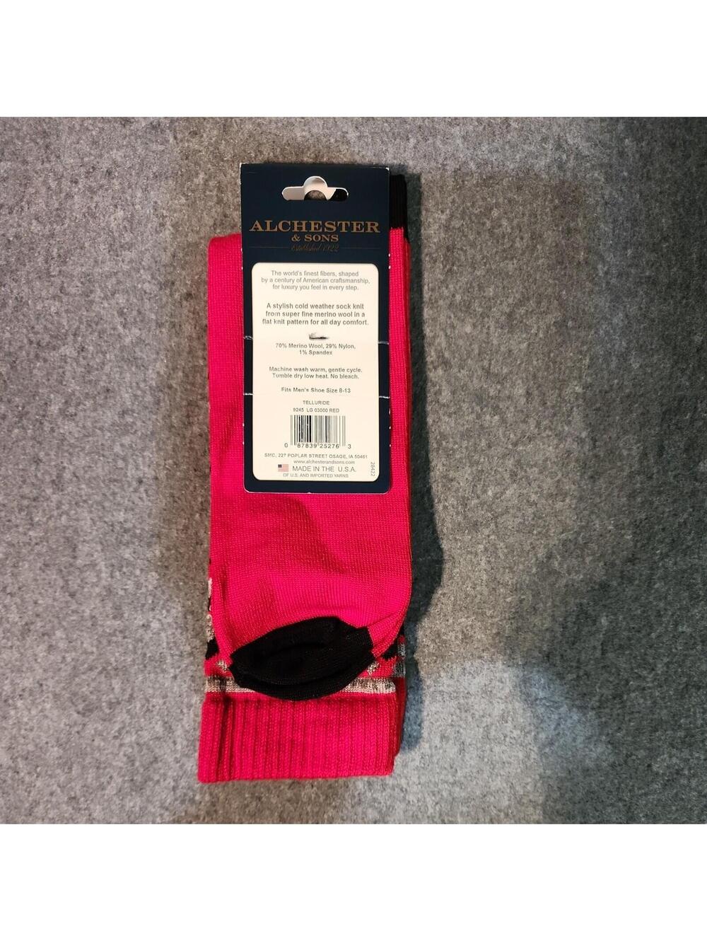 Red Merino Wool Socks Sz 8-13 Alchester Telluride Red Crew Dress Made in USA - Picture 2 of 3